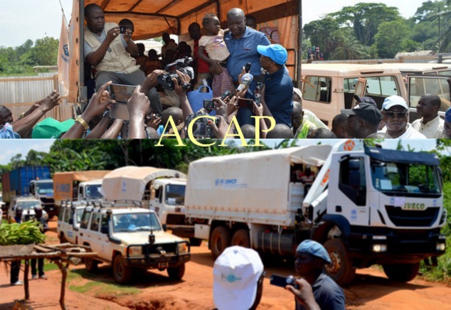 En haut, le Ministre Linguissara et le représentant du HCR Kalé, souhaitant la bienvenue aux retournés, en bas, le convoi à la frontière centrafricano-congolaise