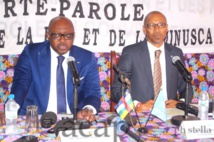 Les Porte-parole Ange-Maxime Kazagui et Vladimir Montéiro face à la presse