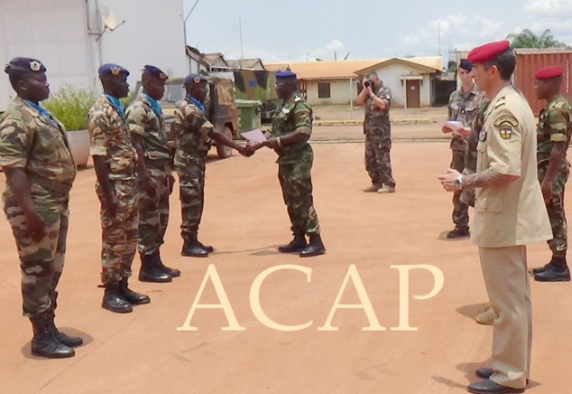 le chef de corps de l'armée de l'air remettant une attestation à un récipiendaire en présence des militaires français