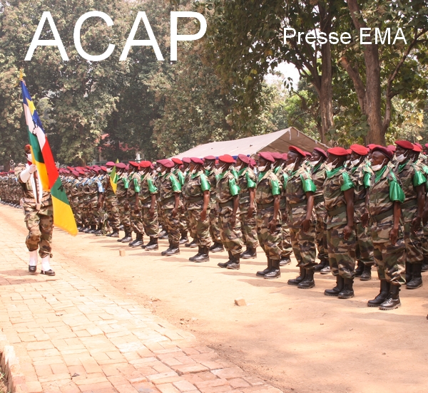 Passage du drapeau centrafricain devant les jeunes soldats au camp Kassai le 26 11 20
