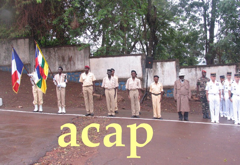 Des anciens combattants centrafricains posant avec des militaires Francais sur le monument De Roux  à Bangui